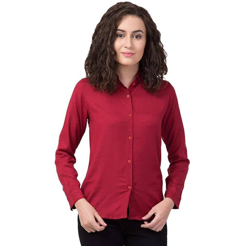 Women Long Sleeves Cotton Maroon Shirt