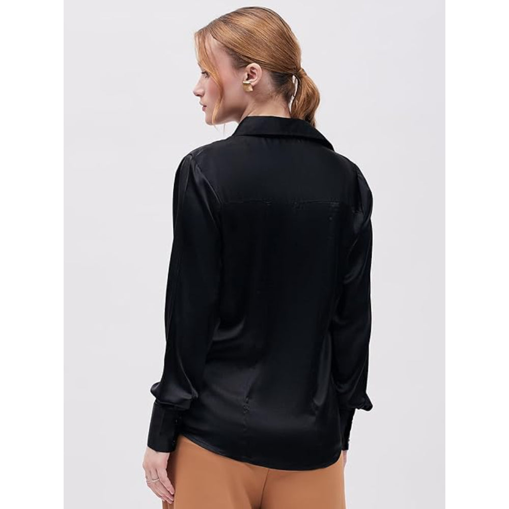 Women Formal Solid Satin Black Shirt