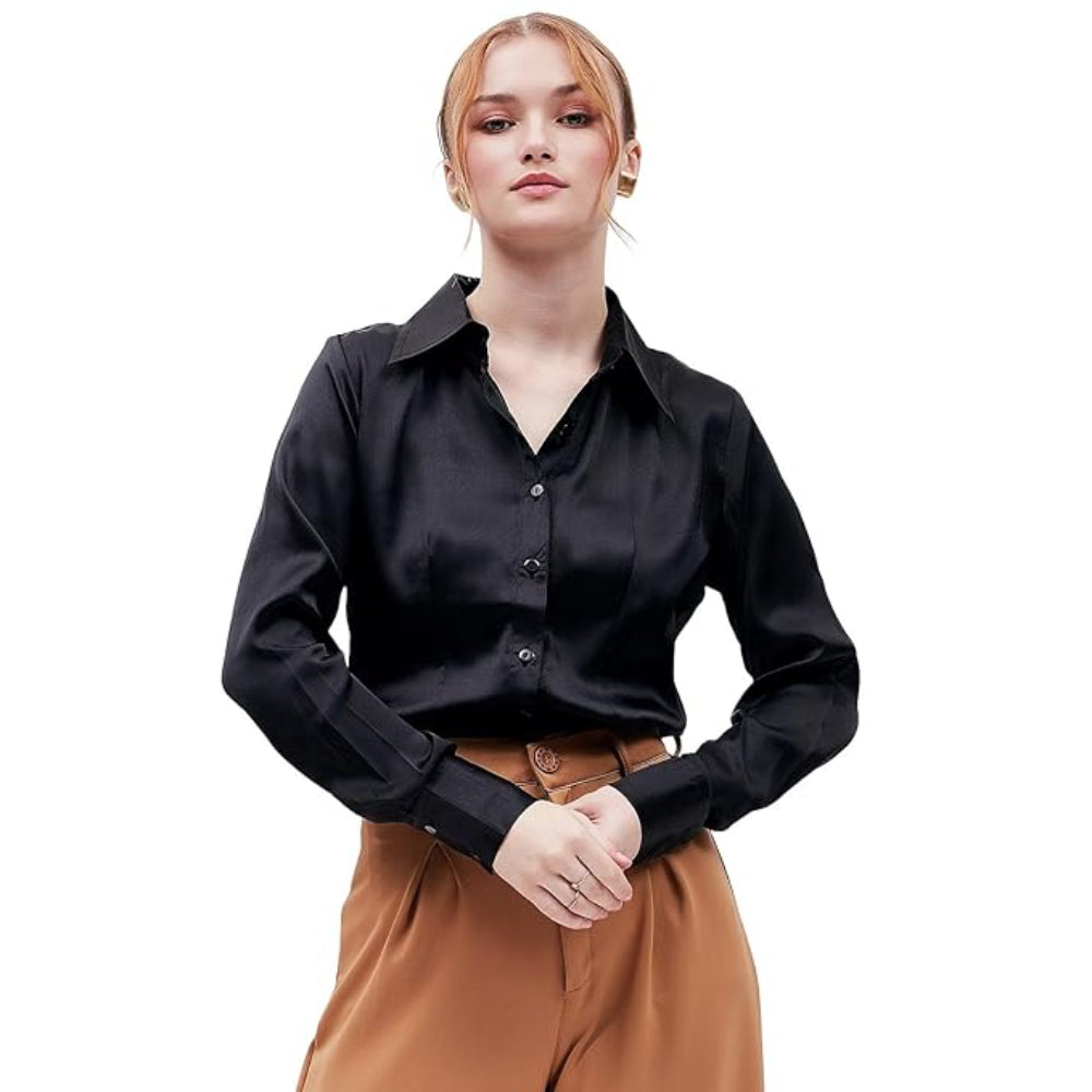 Women Formal Solid Satin Black Shirt