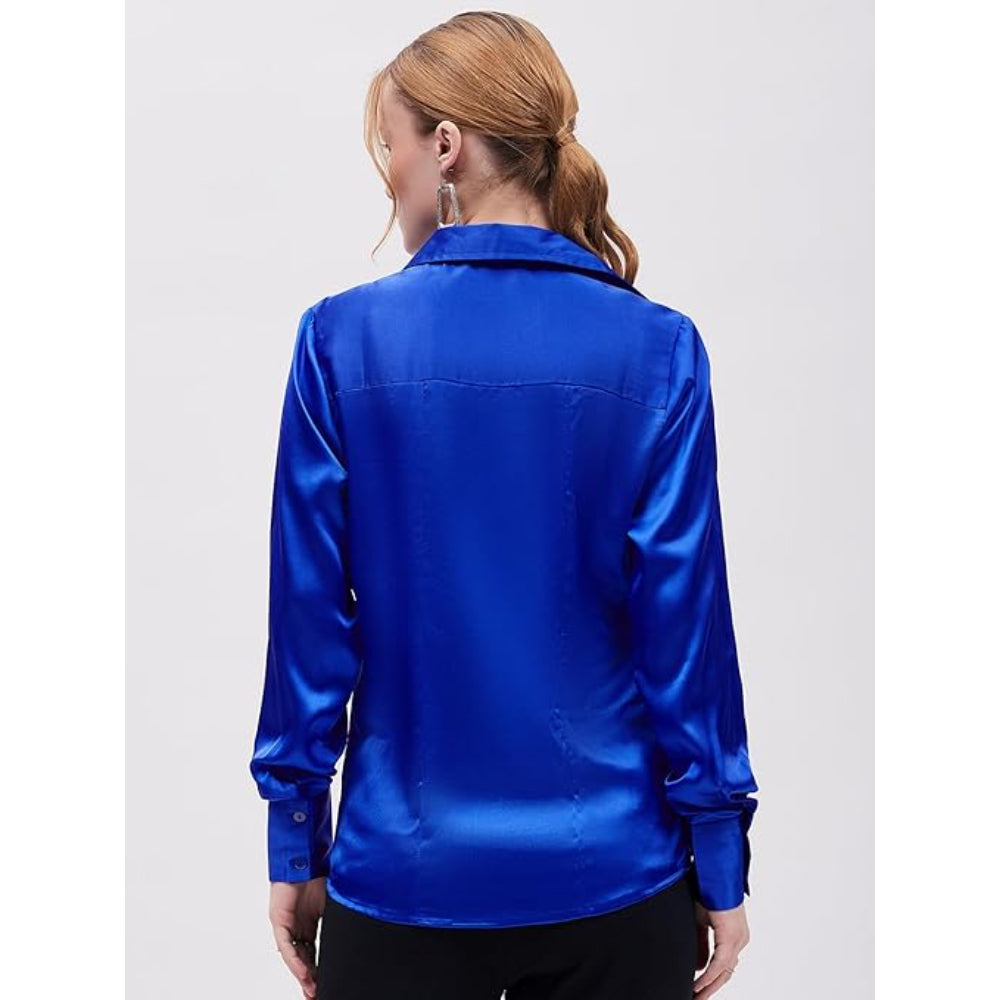 Women Formal Solid Satin Blue Shirt