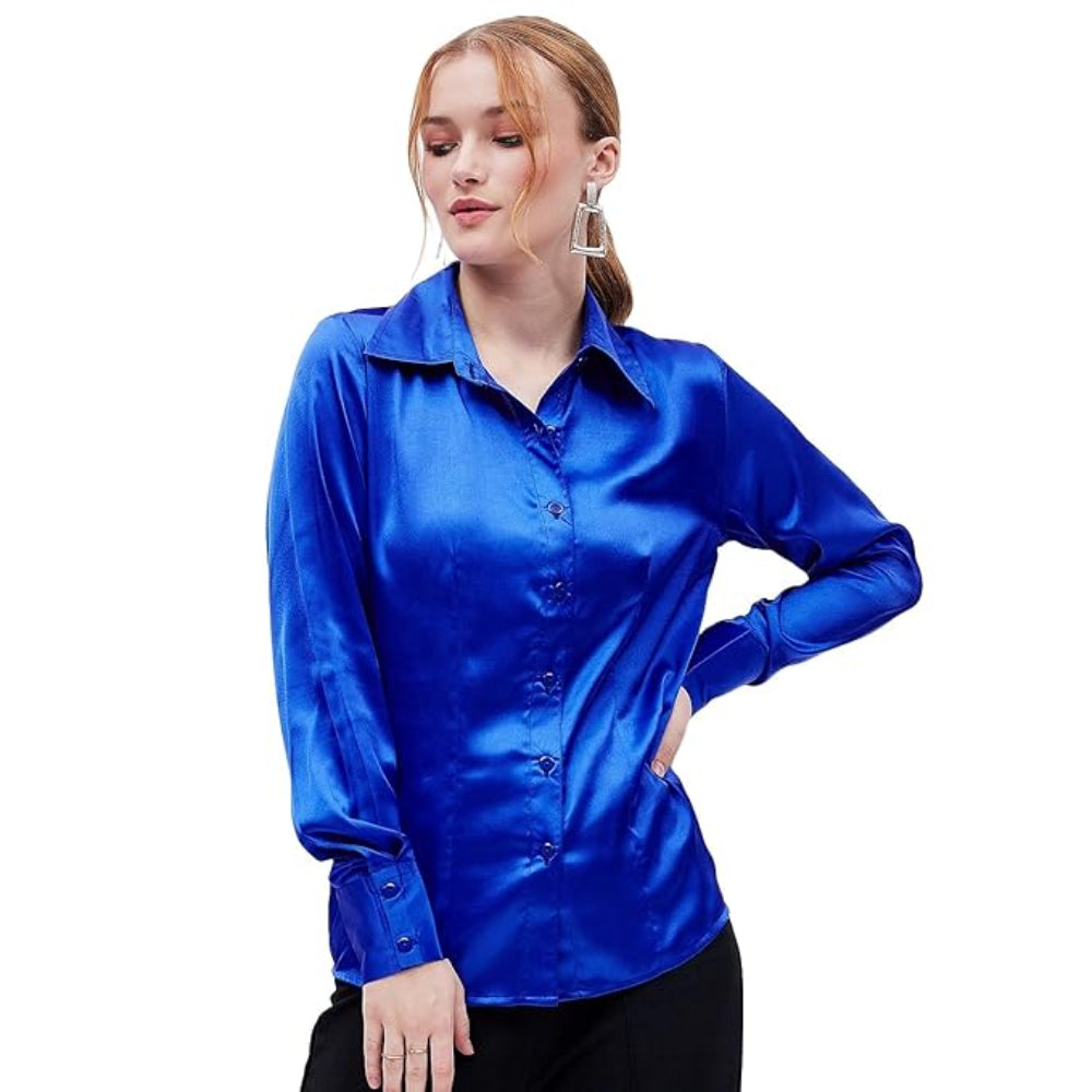 Women Formal Solid Satin Blue Shirt
