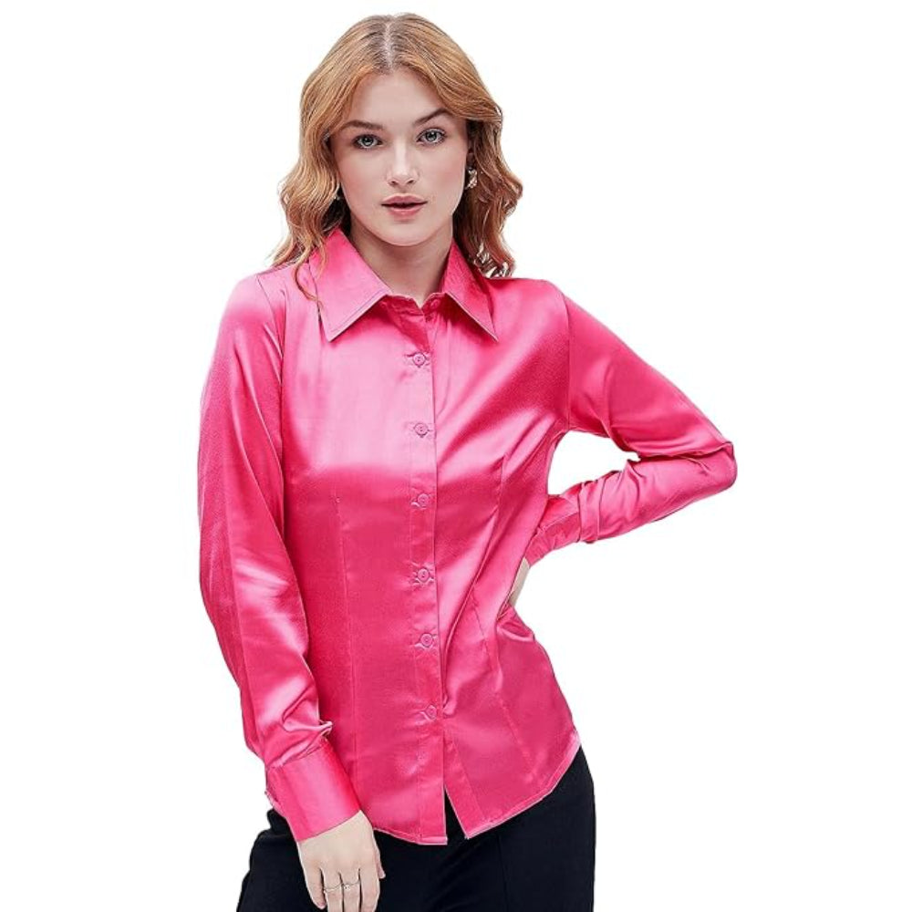 Women Formal Solid Satin Dark Pink Shirt