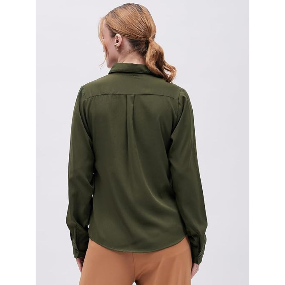Women Formal Solid Satin Green Shirt