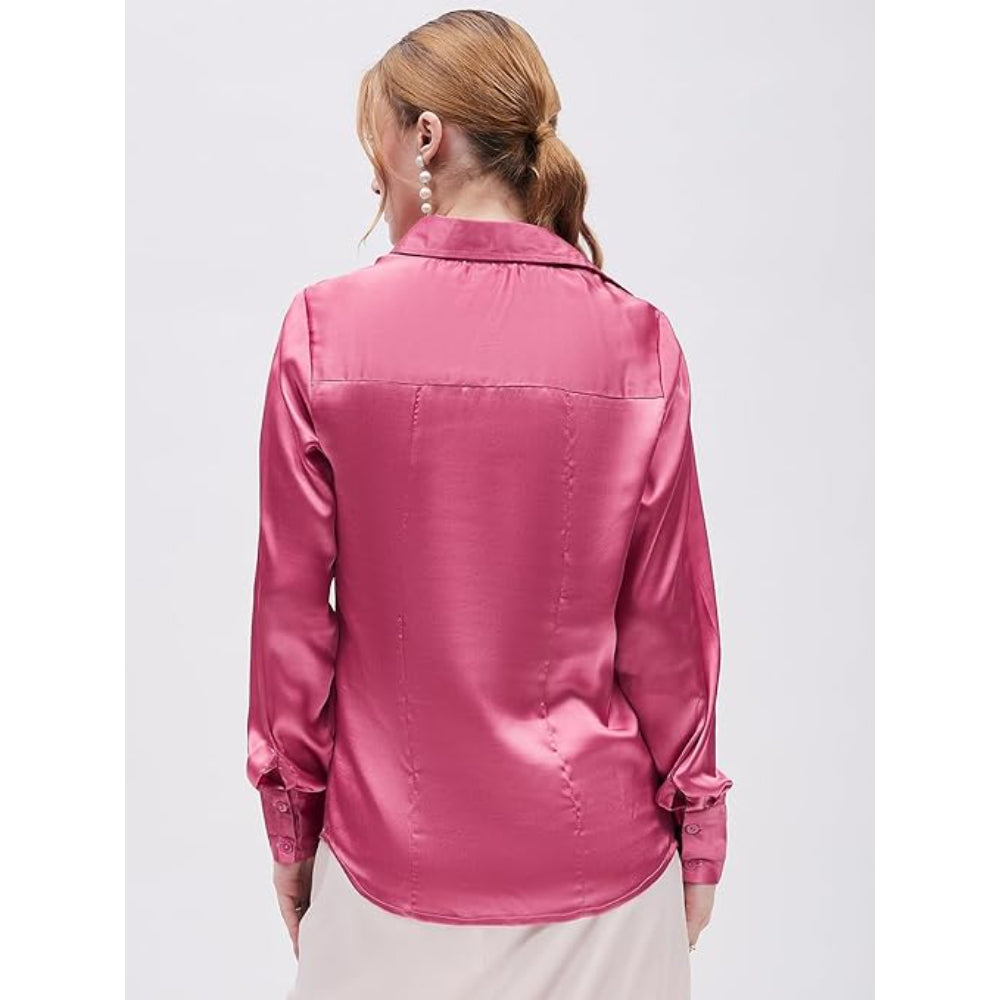 Women Formal Solid Satin Pink Shirt