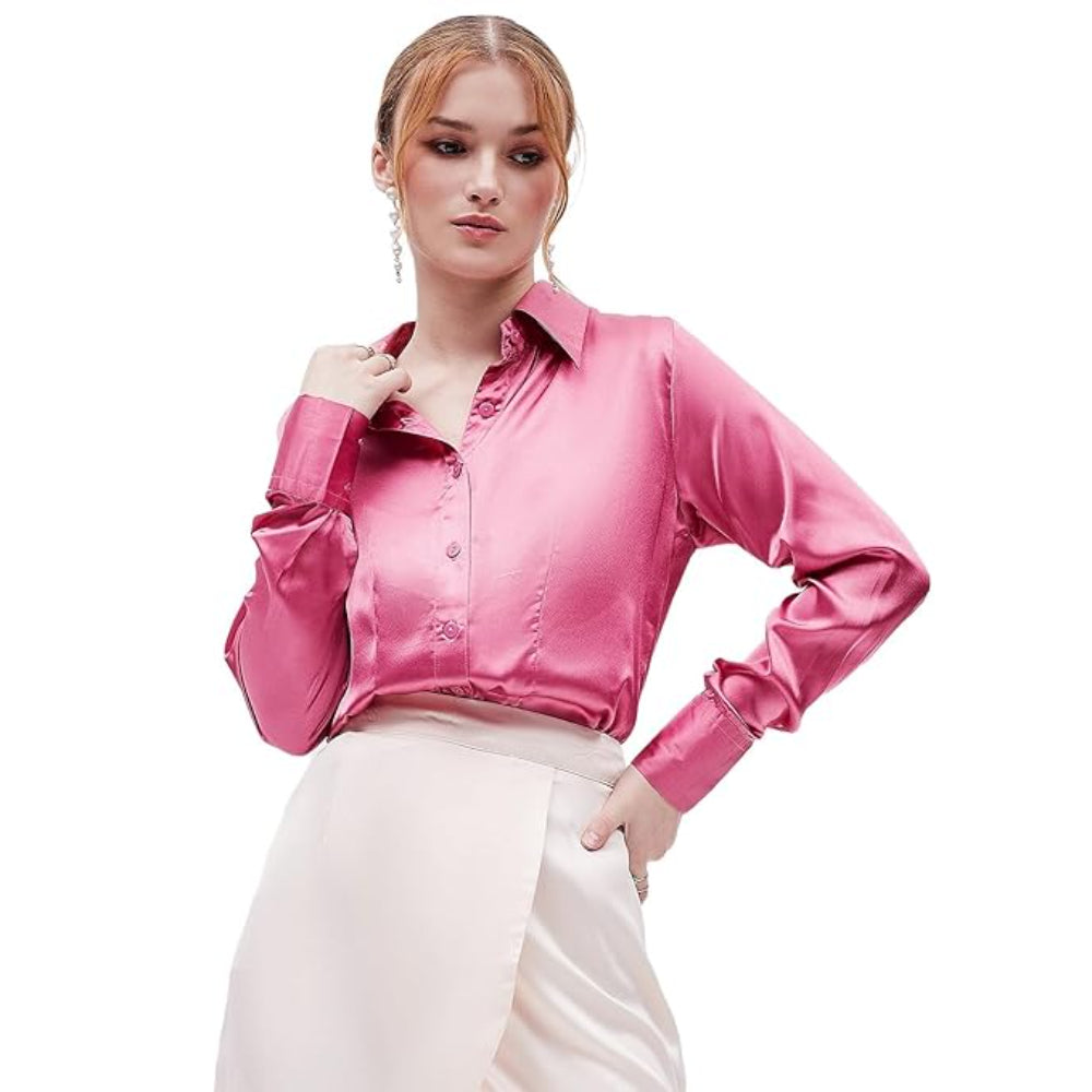 Women Formal Solid Satin Pink Shirt