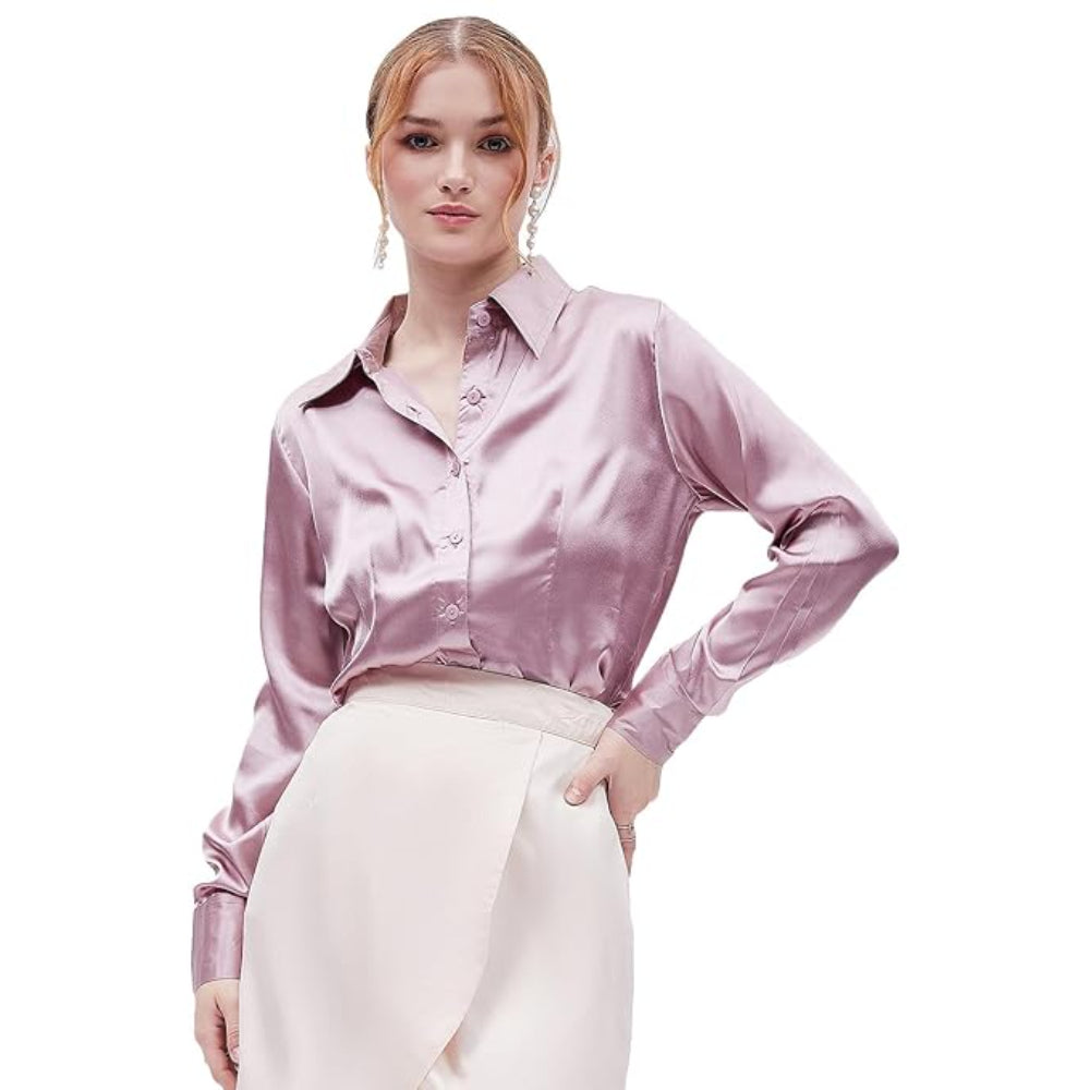 Women Formal Solid Satin Purple Shirt