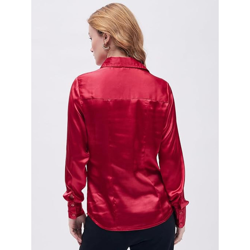 Women Formal Solid Satin Red Shirt