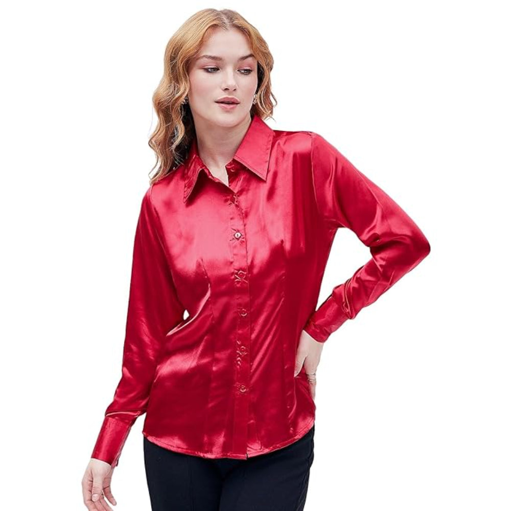 Women Formal Solid Satin Red Shirt