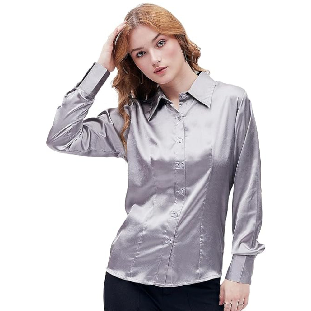 Women Formal Solid Satin Silver Shirt