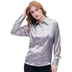 Women Formal Solid Satin Silver Shirt