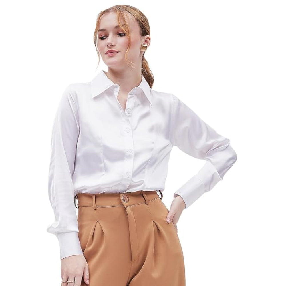 Women Formal Solid Satin Brown Shirt