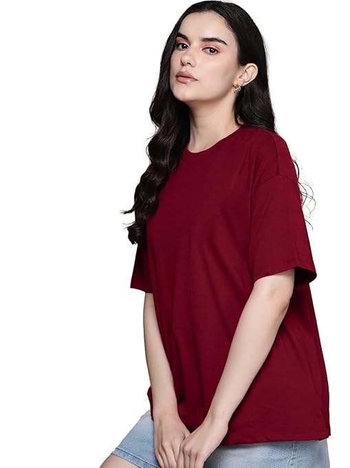 Women Oversized Half Sleeve Maroon Tshirt